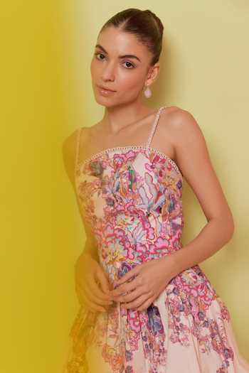 Buy_NOIB_Pink Cotton Square Neck Floral Print Fit And Flare Dress_Online_at_Aza_Fashions