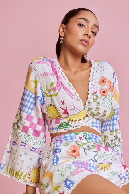 Buy_NOIB_White Linen, Lycra Lace V-neck Mia Celeste Floral Print Top With Shorts _Online_at_Aza_Fashions