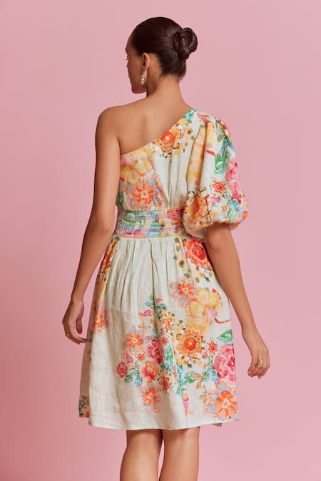 Shop NOIB Green Linen, Lycra Asymmetric Sierra Carnation Print Dress at Aza Fashions Shop_NOIB_Green Linen, Lycra Asymmetric Sierra Carnation Print Dress _at_Aza_Fashions
