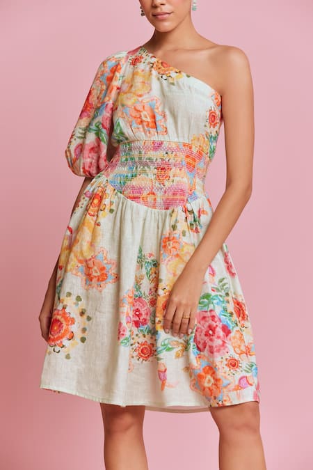 NOIB Green Linen, Lycra Asymmetric Sierra Carnation Print Dress Online at Aza Fashions NOIB_Green Linen, Lycra Asymmetric Sierra Carnation Print Dress _Online_at_Aza_Fashions