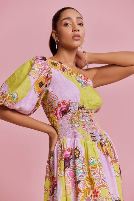 NOIB_Multi Color Linen, Lycra Asymmetric Sierra Flower Vine Print Dress _Online_at_Aza_Fashions