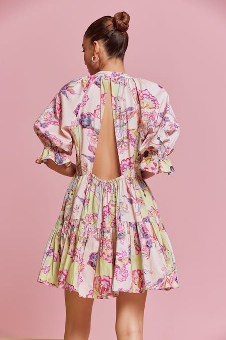 Shop NOIB Pink Cotton Collared Sofia Mini Glory Print Dress at Aza Fashions Shop_NOIB_Pink Cotton Collared Sofia Mini Glory Print Dress _at_Aza_Fashions