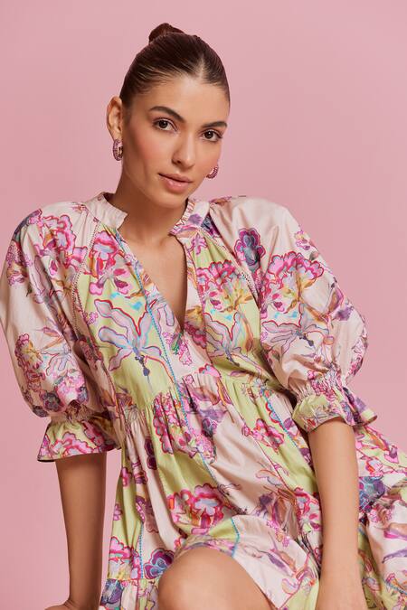 NOIB Pink Cotton Collared Sofia Mini Glory Print Dress Online at Aza Fashions NOIB_Pink Cotton Collared Sofia Mini Glory Print Dress _Online_at_Aza_Fashions