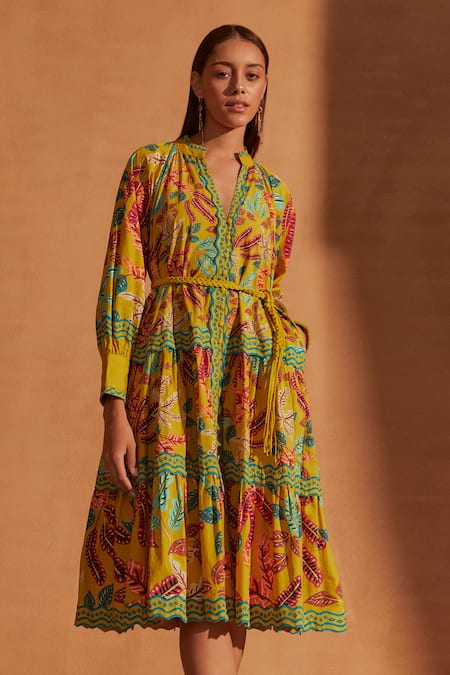 NOIB Multi Color Giza Poplin Print Running Leaf Vera Dress With Belt  