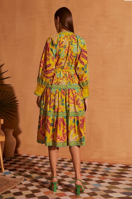 Shop NOIB Multi Color Cotton Collared Vera Running Leaf Print Dress With Belt at Aza Fashions Shop_NOIB_Multi Color Cotton Collared Vera Running Leaf Print Dress With Belt _at_Aza_Fashions