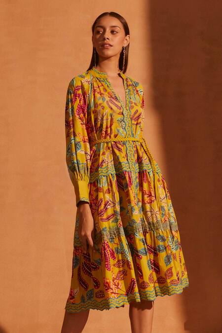 NOIB Multi Color Cotton Collared Vera Running Leaf Print Dress With Belt Online at Aza Fashions NOIB_Multi Color Cotton Collared Vera Running Leaf Print Dress With Belt _Online_at_Aza_Fashions