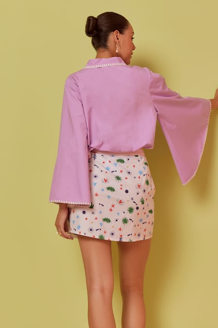 Shop_NOIB_Purple Gabardine Embroidery Collared Bell Sleeve Shirt _at_Aza_Fashions