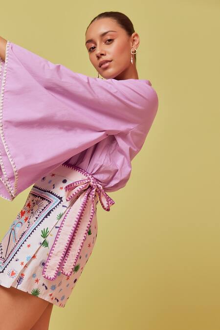 NOIB_Purple Gabardine Embroidery Collared Bell Sleeve Shirt _Online_at_Aza_Fashions