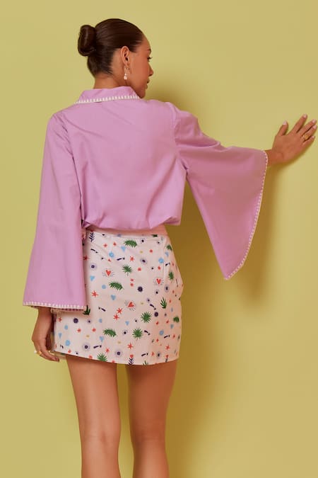 Shop_Noib_White Gingham Palm Tree Print Skirt _at_Aza_Fashions