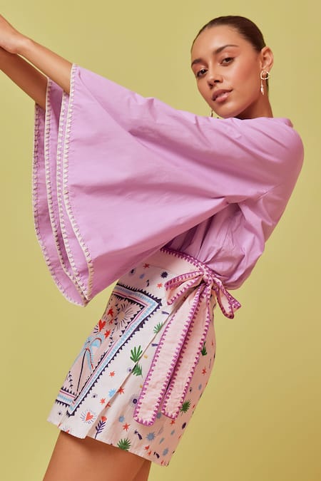 Noib_White Gingham Palm Tree Print Skirt _Online_at_Aza_Fashions
