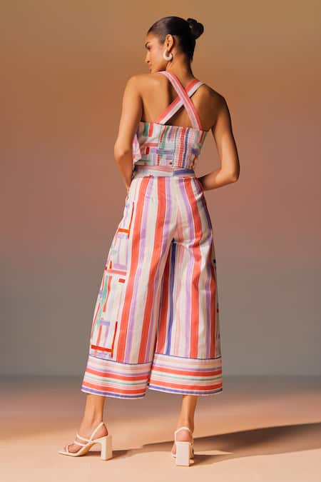 Shop NOIB Multi Color Cotton Halter Neck Stripe Print Bralette And Pant Set at Aza Fashions Shop_NOIB_Multi Color Cotton Halter Neck Stripe Print Bralette And Pant Set _at_Aza_Fashions