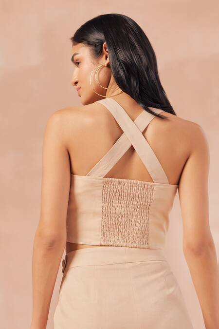 Shop_NOIB_Beige Cotton Halter Neck Irene Solid Bralette With Pant _at_Aza_Fashions