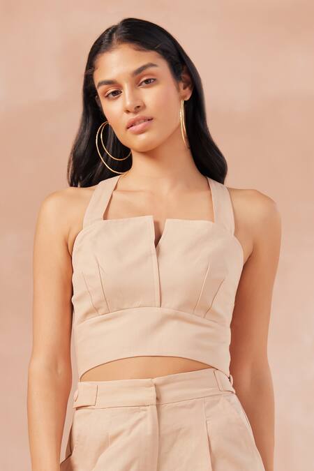 NOIB_Beige Cotton Halter Neck Irene Solid Bralette With Pant _Online_at_Aza_Fashions