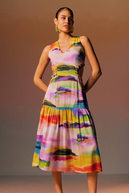 NOIB Multi Color Modal Satin Printed Brushstroke Isabelle Cut-out Dress 