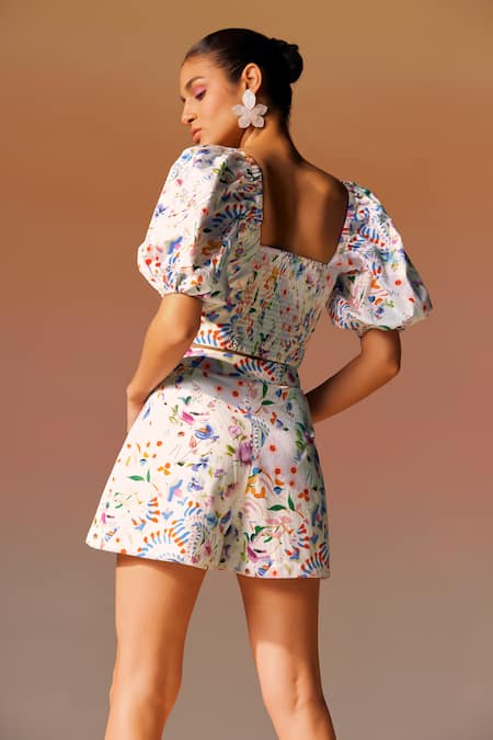 Shop_NOIB_Multi Color Cotton Embroidery V-neck Floral Print Top And Skort Set _at_Aza_Fashions