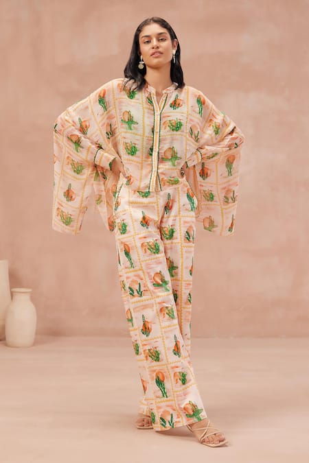 Shop_NOIB_Multi Color Cotton, Georgette Embroidery Oasis Cactus Print Shirt With Pant _Online_at_Aza_Fashions