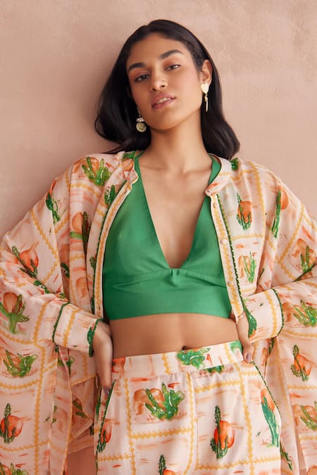 NOIB_Multi Color Cotton, Georgette Embroidery Oasis Cactus Print Shirt With Pant _at_Aza_Fashions