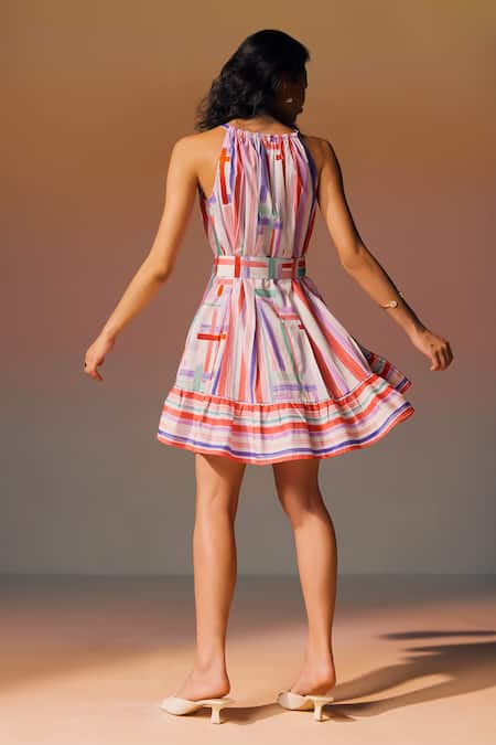 Shop_NOIB_Multi Color Cotton Halter Neck Amaal Geometric Pattern Flared Dress _at_Aza_Fashions