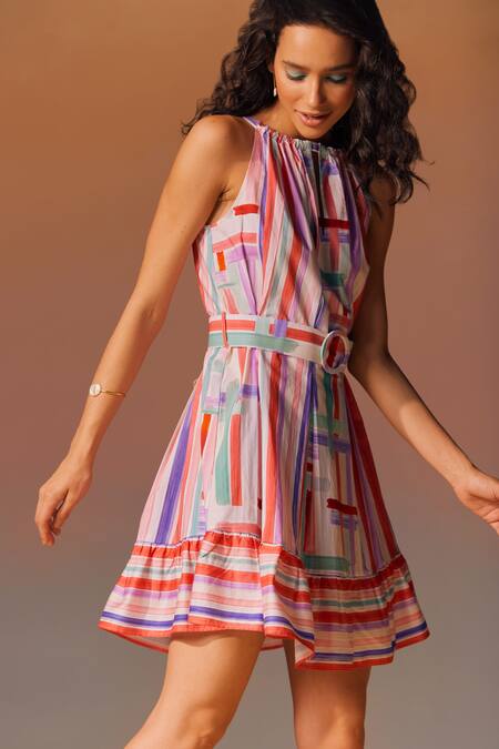 NOIB_Multi Color Cotton Halter Neck Amaal Geometric Pattern Flared Dress _Online_at_Aza_Fashions