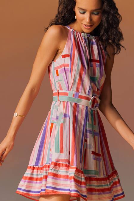 Buy_NOIB_Multi Color Cotton Halter Neck Amaal Geometric Pattern Flared Dress _Online_at_Aza_Fashions