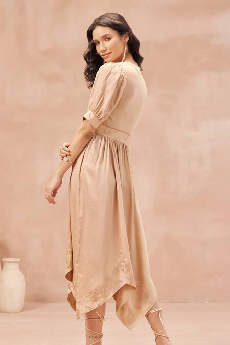 Shop_NOIB_Beige Modal, Satin Embroidery V-neck Amelia Asymmetric Hem Midi Dress _at_Aza_Fashions