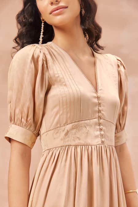NOIB_Beige Modal, Satin Embroidery V-neck Amelia Asymmetric Hem Midi Dress _Online_at_Aza_Fashions