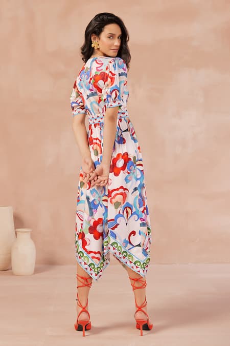 Shop NOIB Multi Color Modal, Satin Embroidery V-neck Amelia Lotus Print Midi Dress at Aza Fashions Shop_NOIB_Multi Color Modal, Satin Embroidery V-neck Amelia Lotus Print Midi Dress _at_Aza_Fashions