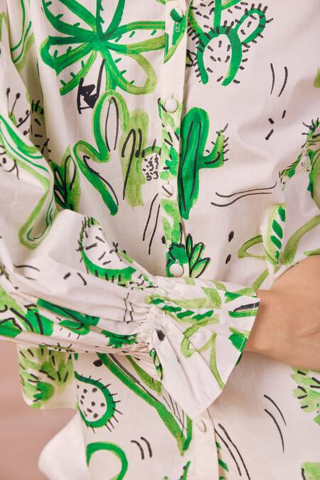NOIB_Off White Cotton Collared Aria Cactus Print Shirt_Online_at_Aza_Fashions