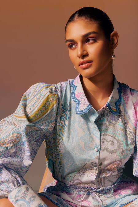 NOIB Multi Color Collared Carmen Paisley Print Shirt And Shorts Set at Aza Fashions NOIB_Multi Color Collared Carmen Paisley Print Shirt And Shorts Set_at_Aza_Fashions