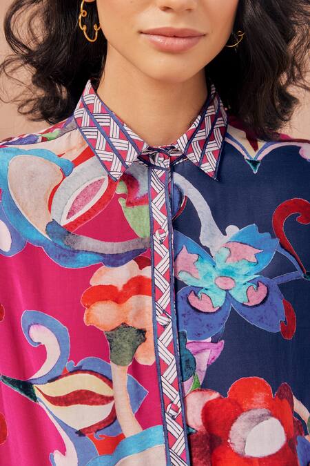 NOIB Multi Color Linen Embroidery Collared Elise Lotus Print Shirt Online at Aza Fashions NOIB_Multi Color Linen Embroidery Collared Elise Lotus Print Shirt _Online_at_Aza_Fashions