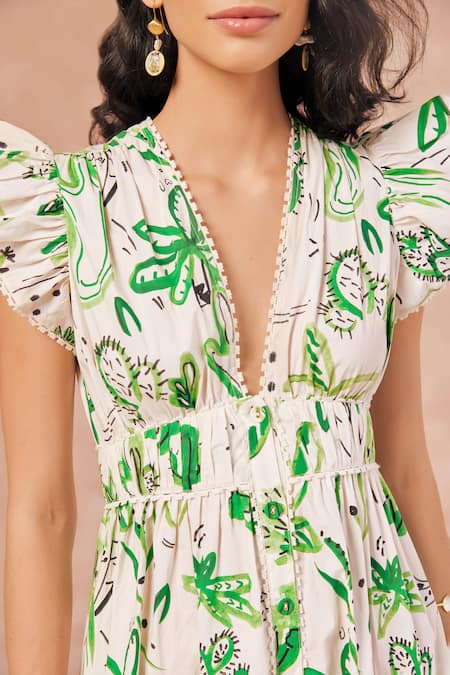 NOIB Off White Cotton Plunge Neck Estella Cactus Print Tiered Dress Online at Aza Fashions NOIB_Off White Cotton Plunge Neck Estella Cactus Print Tiered Dress _Online_at_Aza_Fashions