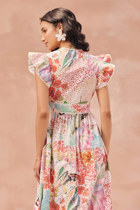 Shop NOIB Multi Color Cotton Embroidery Plunge Neck Estella Poppy Print Tiered Dress at Aza Fashions Shop_NOIB_Multi Color Cotton Embroidery Plunge Neck Estella Poppy Print Tiered Dress _at_Aza_Fashions