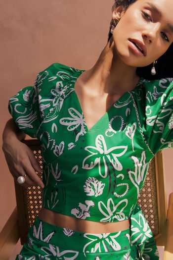 NOIB_Green Cotton Lace V-neck Evelyn Cactus Print Skirt Set_Online_at_Aza_Fashions