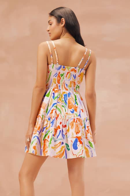 Shop NOIB Multi Color Cotton, Linen Lace V-neck Gabriela Printed Skater Mini Dress at Aza Fashions Shop_NOIB_Multi Color Cotton, Linen Lace V-neck Gabriela Printed Skater Mini Dress _at_Aza_Fashions