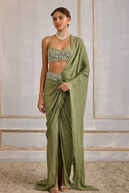 Cedar & Pine Green Tulle, Chiffon Floral Symphony Embroidered Pre-draped Saree With Blouse 