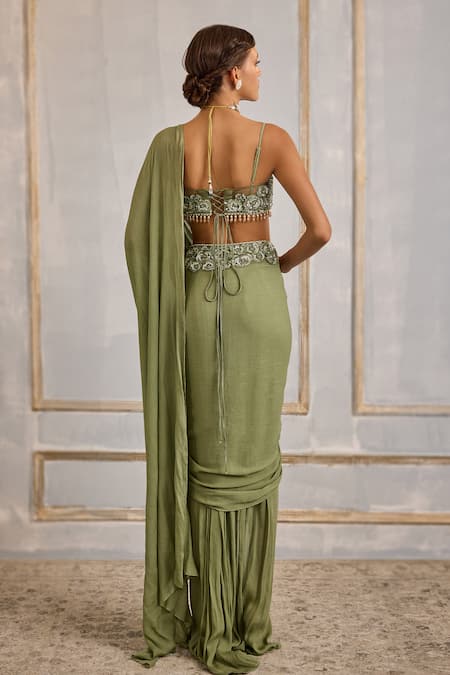 Shop Cedar & Pine Green Tulle, Chiffon Floral Symphony Embroidered Pre-draped Saree With Blouse at Aza Fashions Shop_Cedar & Pine_Green Tulle, Chiffon Floral Symphony Embroidered Pre-draped Saree With Blouse _at_Aza_Fashions
