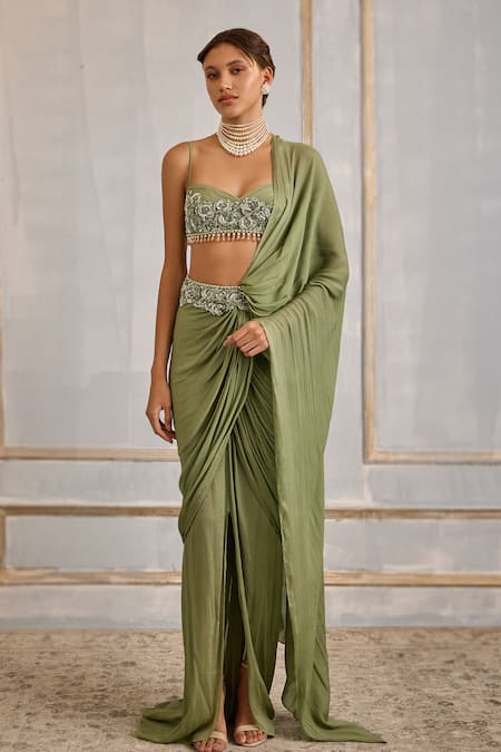 Cedar & Pine Green Tulle, Chiffon Floral Symphony Embroidered Pre-draped Saree With Blouse Online at Aza Fashions Cedar & Pine_Green Tulle, Chiffon Floral Symphony Embroidered Pre-draped Saree With Blouse _Online_at_Aza_Fashions