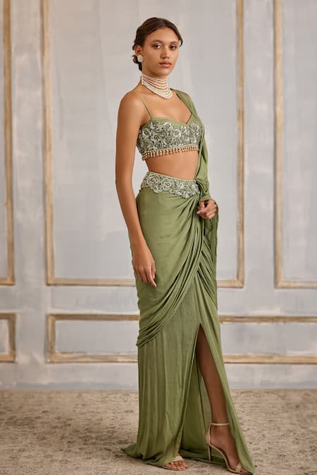 Shop Cedar & Pine Green Tulle, Chiffon Floral Symphony Embroidered Pre-draped Saree With Blouse Online at Aza Fashions Shop_Cedar & Pine_Green Tulle, Chiffon Floral Symphony Embroidered Pre-draped Saree With Blouse _Online_at_Aza_Fashions