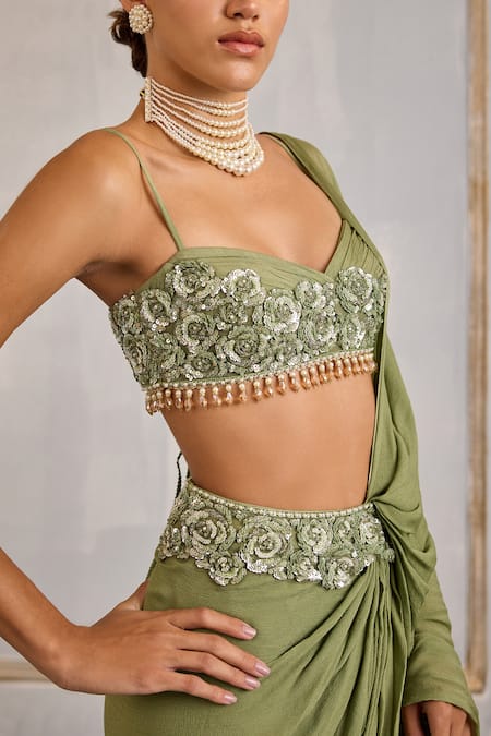 Cedar & Pine Green Tulle, Chiffon Floral Symphony Embroidered Pre-draped Saree With Blouse at Aza Fashions Cedar & Pine_Green Tulle, Chiffon Floral Symphony Embroidered Pre-draped Saree With Blouse _at_Aza_Fashions