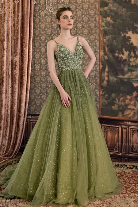 Cedar & Pine_Green Tulle Cut Work, Sequins, Beads Rosettes Symphony Embroidered Gown _Online_at_Aza_Fashions