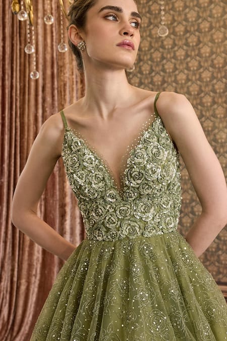 Buy_Cedar & Pine_Green Tulle Cut Work, Sequins, Beads Rosettes Symphony Embroidered Gown _Online_at_Aza_Fashions