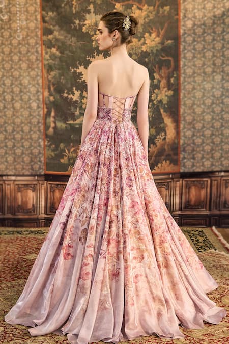 Shop_Cedar & Pine_Pink Glazed Organza Printed Peonies Floral Sweetheart Neck Gown _at_Aza_Fashions