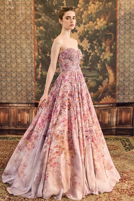 Cedar & Pine_Pink Glazed Organza Printed Peonies Floral Sweetheart Neck Gown _Online_at_Aza_Fashions