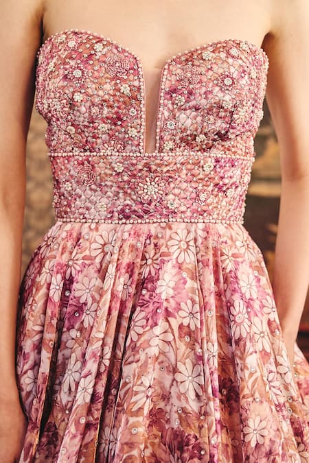 Buy_Cedar & Pine_Pink Glazed Organza Printed Peonies Floral Sweetheart Neck Gown _Online_at_Aza_Fashions