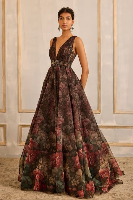 Cedar & Pine Brown Organza Sequins, Crystals Plunge Neck Vintage Garden Print Gown Online at Aza Fashions Cedar & Pine_Brown Organza Sequins, Crystals Plunge Neck Vintage Garden Print Gown _Online_at_Aza_Fashions