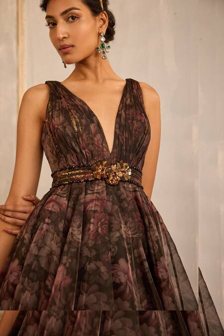 Buy Cedar & Pine Brown Organza Sequins, Crystals Plunge Neck Vintage Garden Print Gown Online at Aza Fashions Buy_Cedar & Pine_Brown Organza Sequins, Crystals Plunge Neck Vintage Garden Print Gown _Online_at_Aza_Fashions