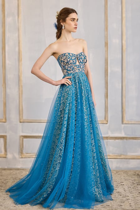 Cedar & Pine_Blue Tulle Sequins, Beads Sweetheart Neck Embroidered Gown _Online_at_Aza_Fashions