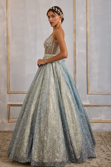 Cedar & Pine_Blue Organza Sequins, Beads Sweetheart Neck Snowfall Embroidered Corset Gown _Online_at_Aza_Fashions