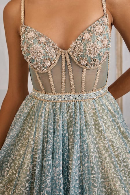 Buy_Cedar & Pine_Blue Organza Sequins, Beads Sweetheart Neck Snowfall Embroidered Corset Gown _Online_at_Aza_Fashions