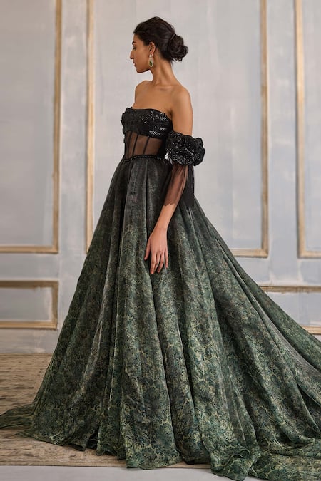 Cedar & Pine_Green Tulle, Cotton Sequins, Embroidery Off-shoulder Victorian Floral Print Gown _Online_at_Aza_Fashions